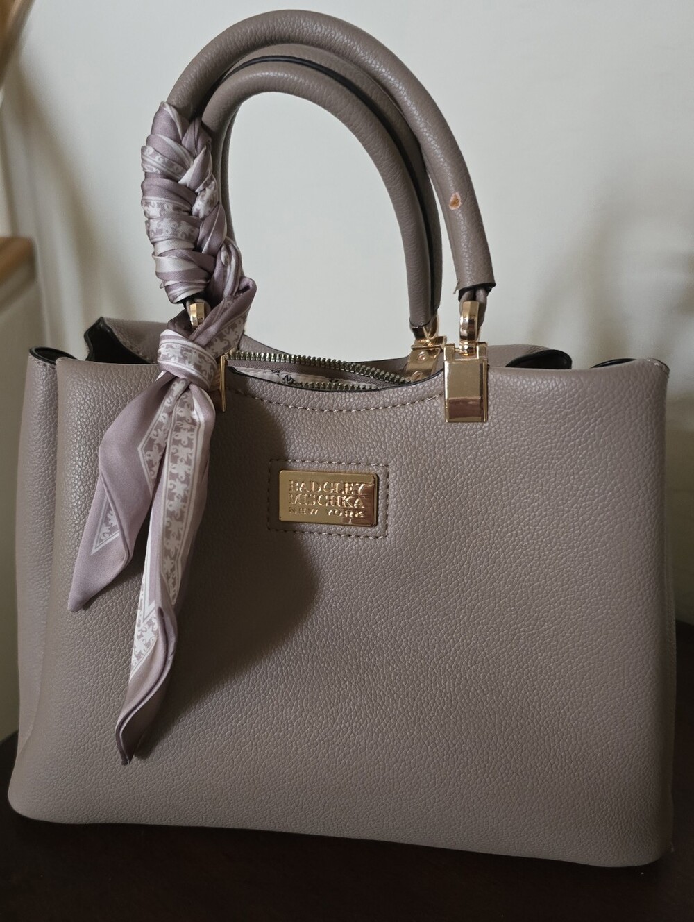 Badgley Mischka Taupe Leather Top-Handle Satchel with Scarf Accent